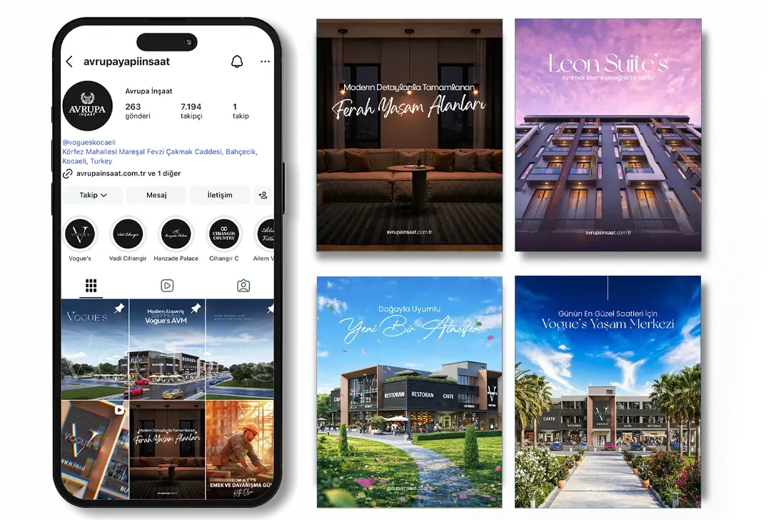 Avrupa İnşaat Instagram profili telefon ekranında ve dört sosyal medya gönderisi: Ferah Yaşam Alanları, Leon Suite's, Yeni Bir Atmosfer, Vogue's Yaşam Merkezi