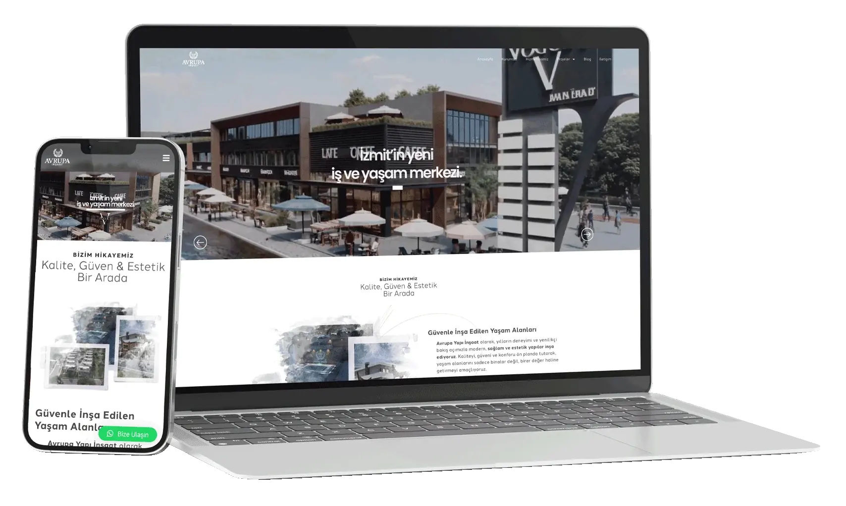 Avrupa İnşaat kurumsal web sitesi, dizüstü ve telefon ekranında