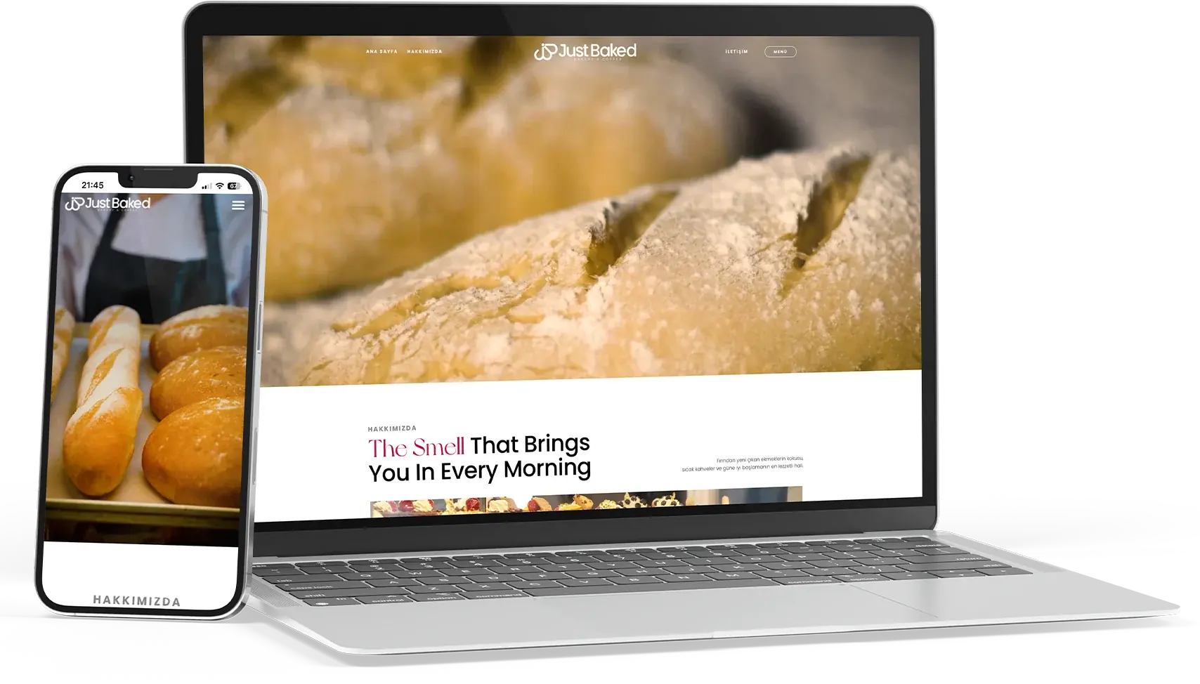 Just Baked web sitesi, dizüstü ve telefon ekranında