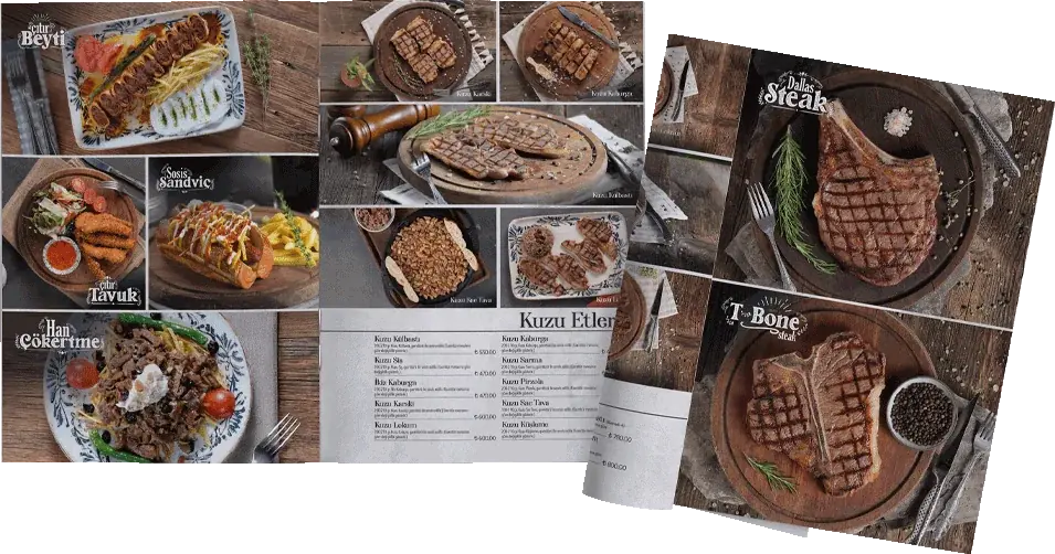 Kasaphan menü sayfaları: Çıtır Beyti, Han Çökertme, Dallas Steak, T-Bone Steak ve kuzu etleri