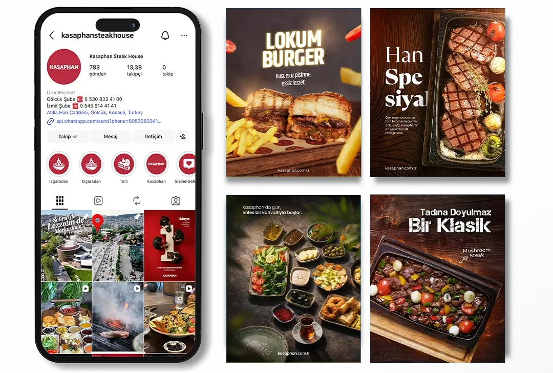 Kasaphan Instagram profili telefon ekranında ve dört sosyal medya gönderisi: Lokum Burger, Han Spesiyal, kahvaltı ve Mushroom Steak