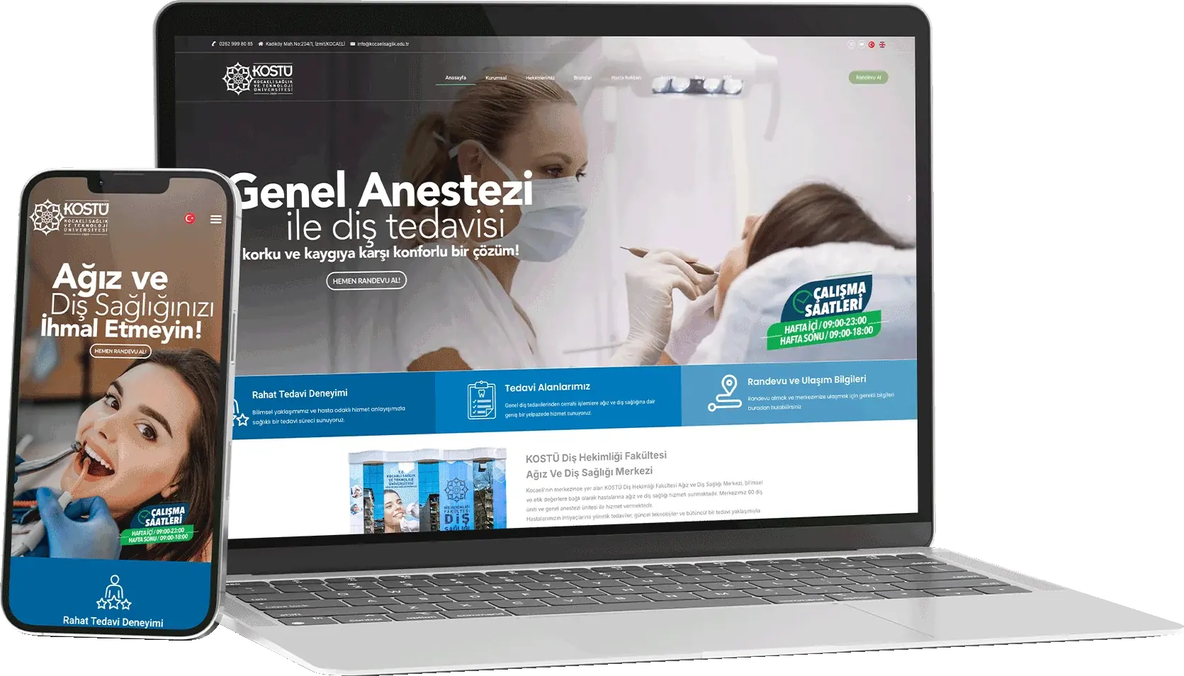 KOSTÜ web sitesi, dizüstü ve telefon ekranında