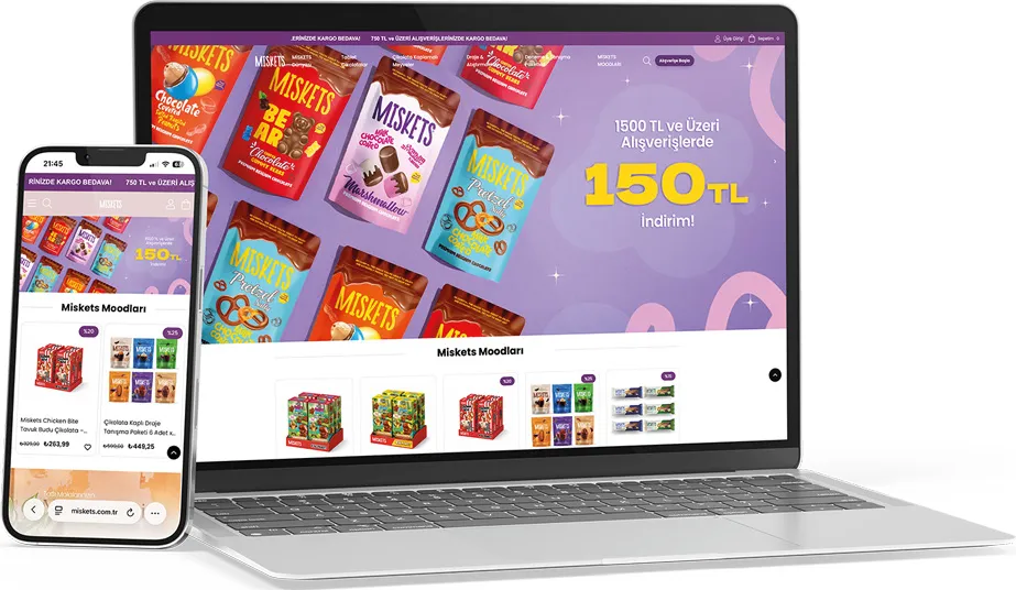 Miskets e-ticaret sitesi, dizüstü ve telefon ekranında