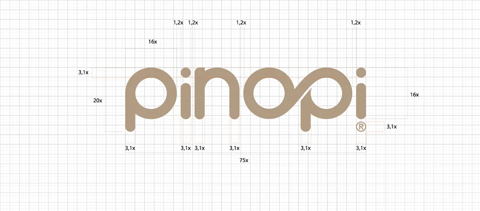 Pinopi logosu, ölçü oranlarıyla ızgara üzerinde