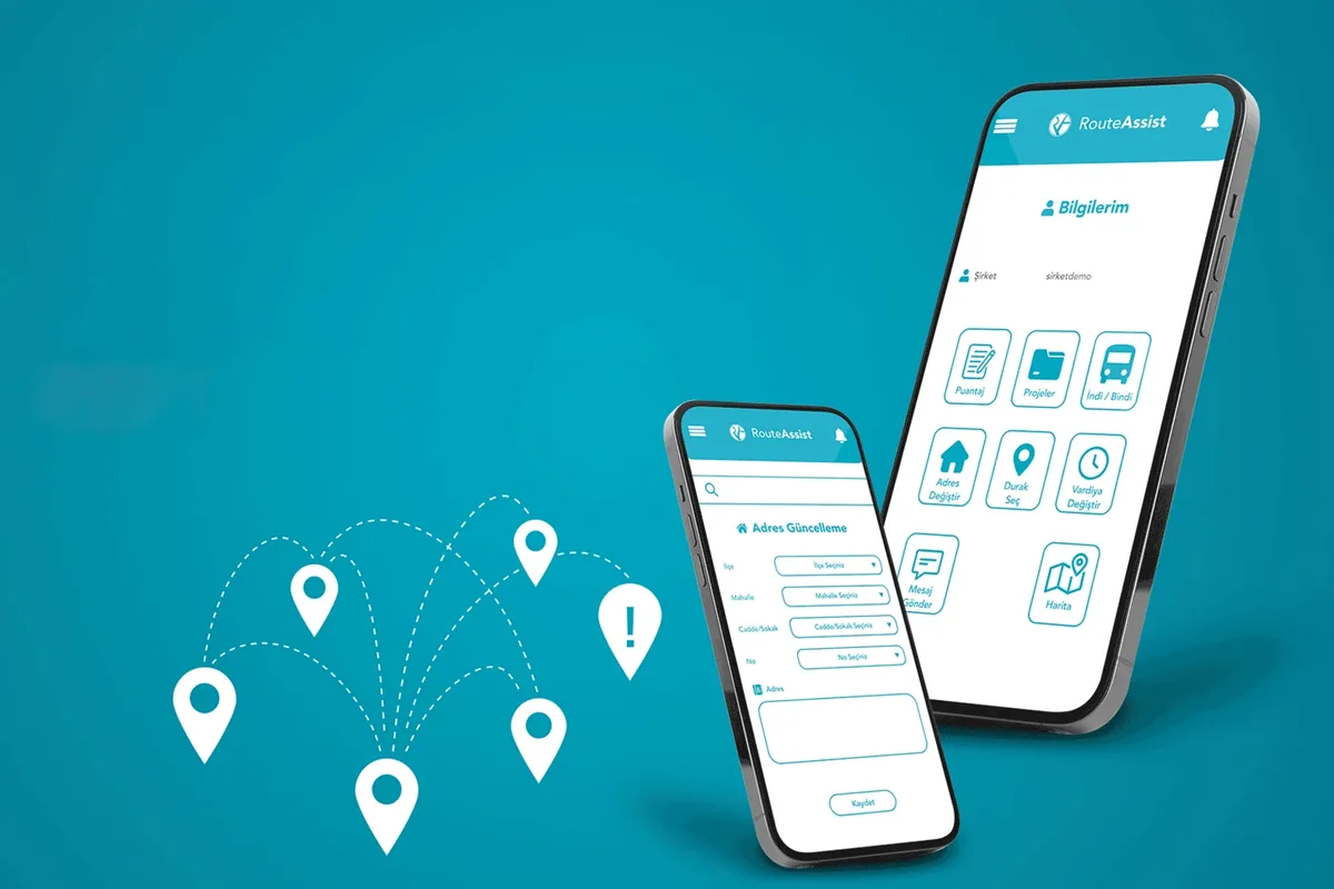 Route Asist mobil uygulaması iki telefon ekranında